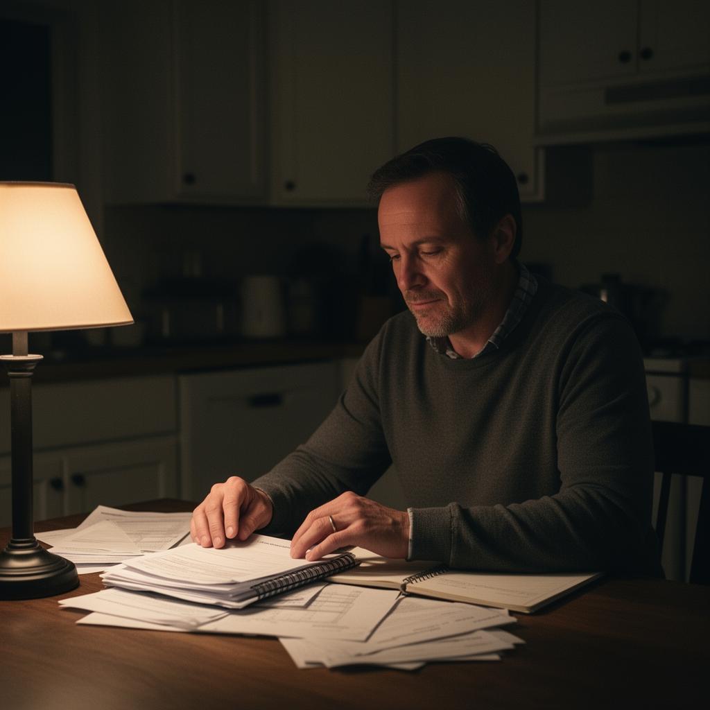 A man sitting at a kitchen table at night, calmly organizing his paperwork.
